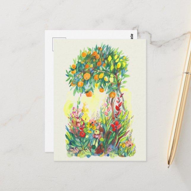 Orange tree and flowers watercolor painting postcard (Front/Back In Situ)