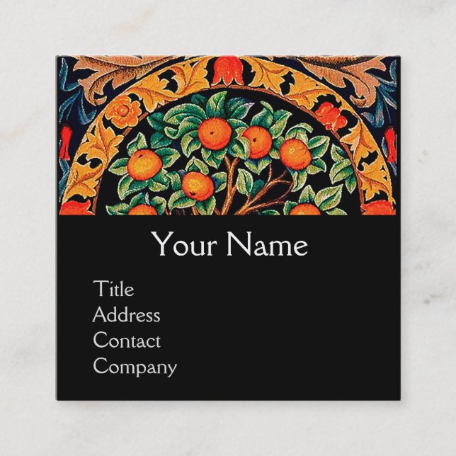 ORANGE TREE ,GREEN LEAVES,FLOWERS Floral Black Square Business Card (Front)