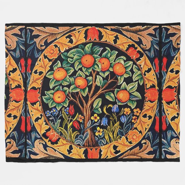 ORANGE TREE WITH GREEN LEAVES,FLOWERS  FLEECE BLANKET (Front (Horizontal))