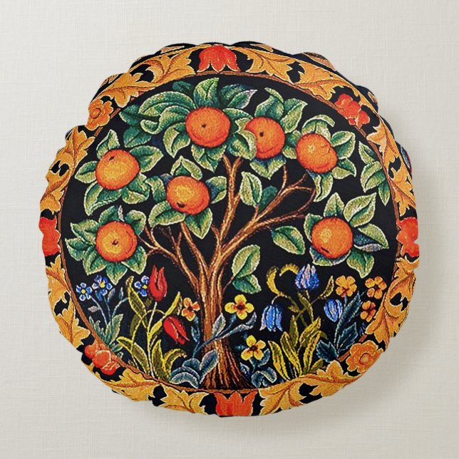 ORANGE TREE WITH GREEN LEAVES,FLOWERS ROUND CUSHION (Front)