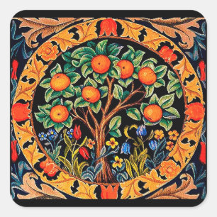ORANGE TREE WITH GREEN LEAVES,FLOWERS SQUARE STICKER