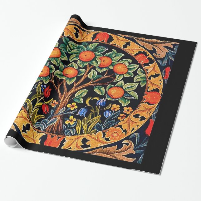 ORANGE TREE WITH GREEN LEAVES,FLOWERS WRAPPING PAPER (Unrolled)
