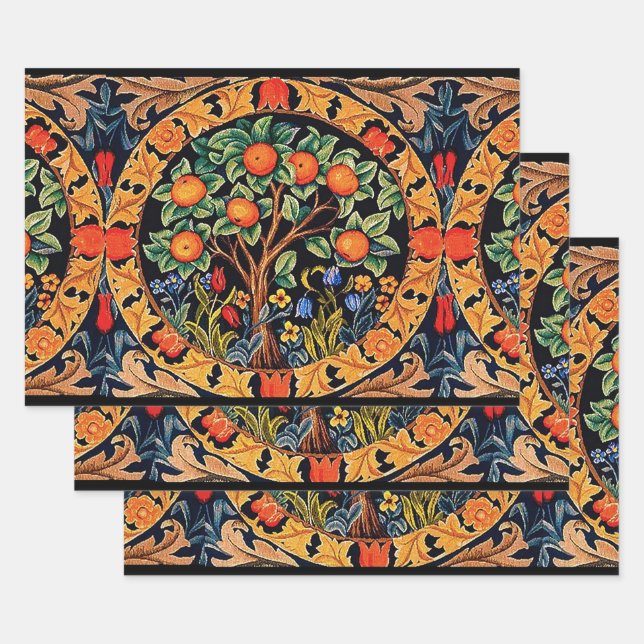 ORANGE TREE WITH GREEN LEAVES,FLOWERS WRAPPING PAPER SHEET (Set)