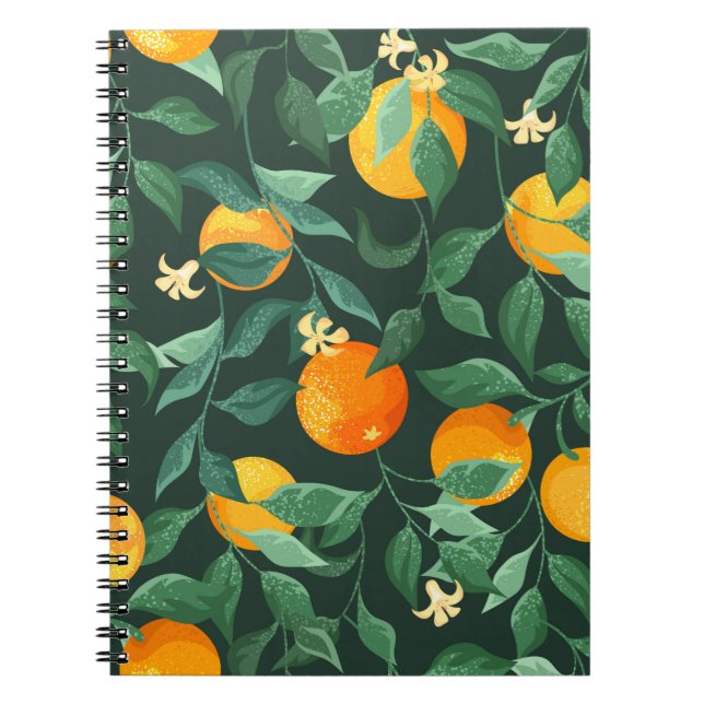 Orange trees, branches with flowers on a green bac notebook (Front)