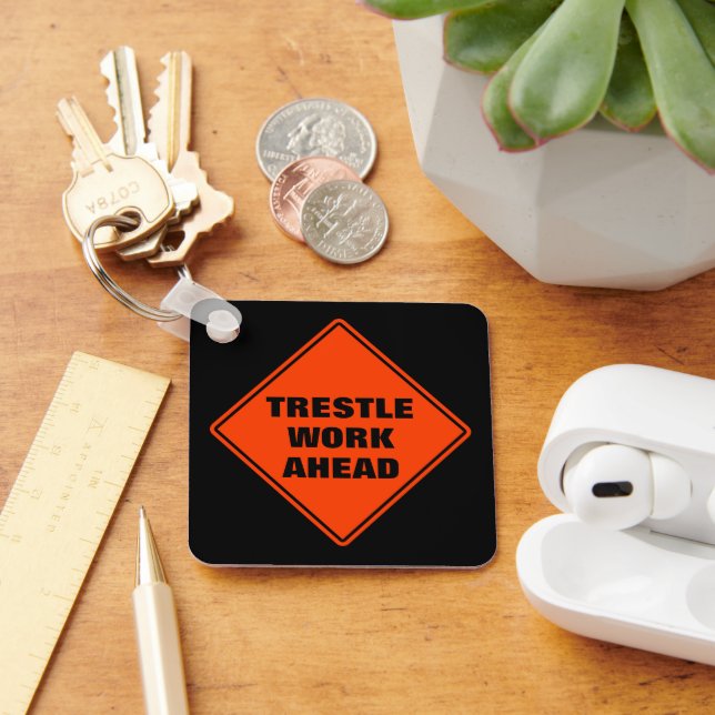 Orange trestle work ahead road sign personalized  key ring (Desk)