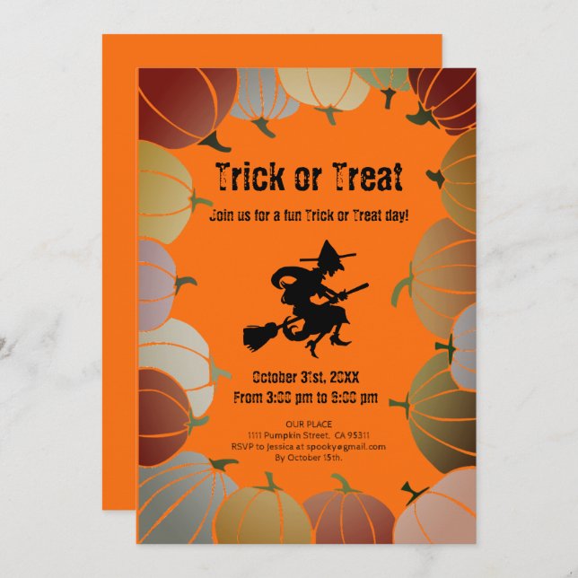 Orange Trick or Treat Spooky Flying Witch Pumpkins Holiday Card (Front/Back)