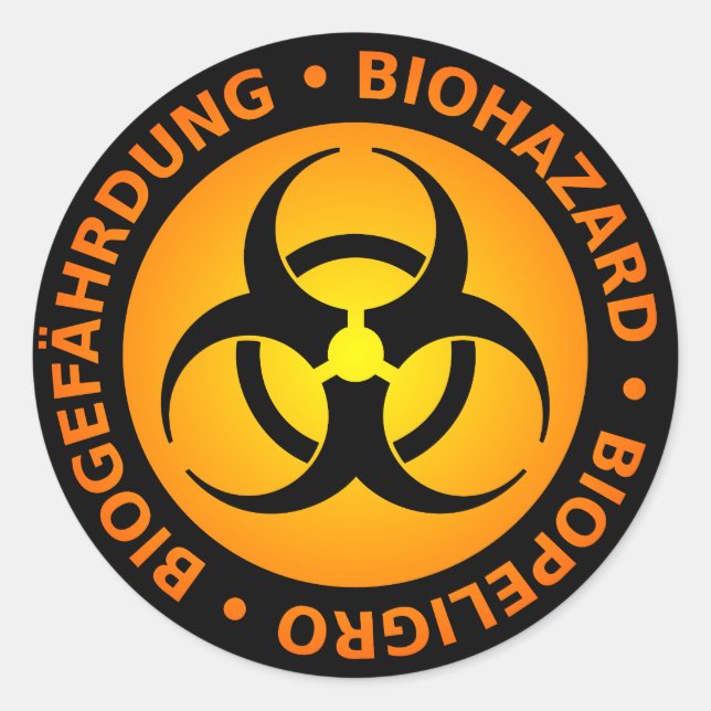Orange Trilingual Biohazard Warning Classic Round Sticker (Front)