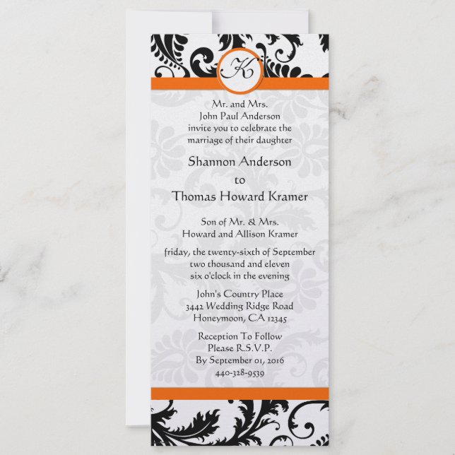 Orange Trim Black and White  Damask Wedding Invite (Front)