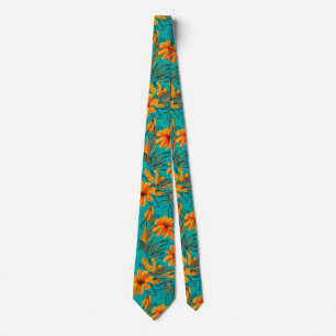Orange Tropical Flowers Turquoise Tie