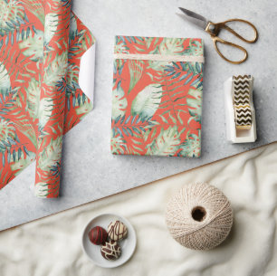 Orange Tropical Green Leaves Wrapping Paper