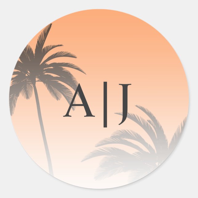 Orange Tropical Palm Tree Beach Monogram Wedding Classic Round Sticker (Front)
