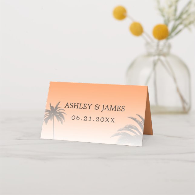 Orange Tropical Palm Tree Beach Wedding Place Card (Front)