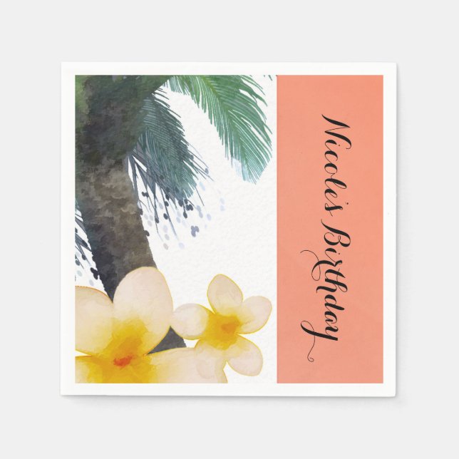 Orange Tropical Palm Tree & Plumeria Summer Party Napkin (Front)
