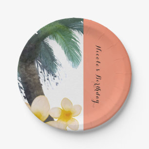 Orange Tropical Palm Tree & Plumeria Summer Party Paper Plate