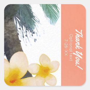 Orange Tropical Palm Tree & Plumeria Summer Party Square Sticker