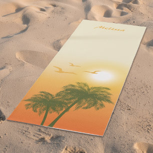 Orange Tropical Summer Sun & Birds And Palm Trees Yoga Mat