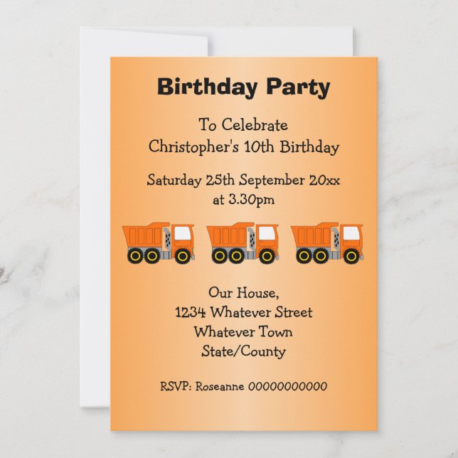 Orange Truck Design Boy's Birthday Party Invitation (Front)