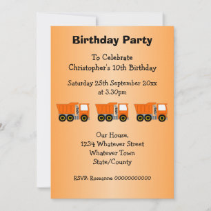 Orange Truck Design Boy's Birthday Party Invitation