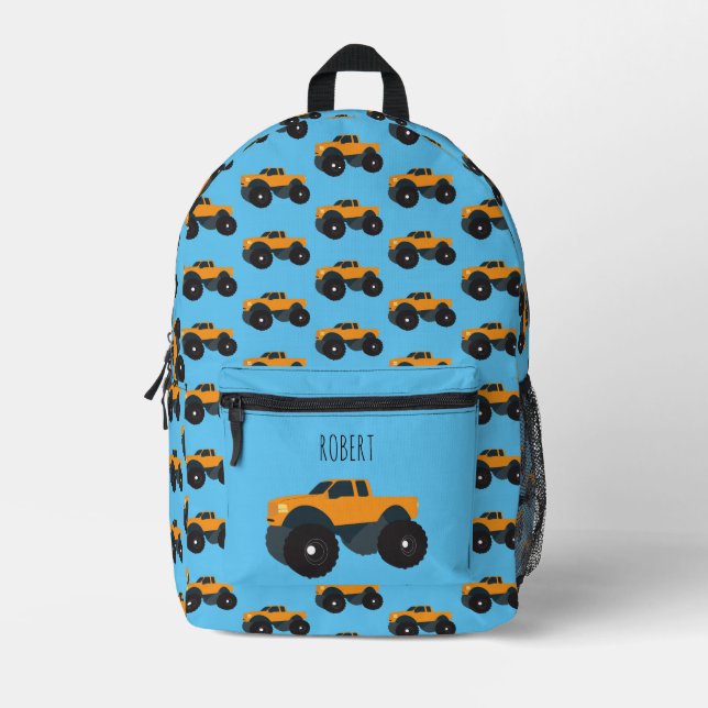 Orange Truck Vehicle Custom Boys Name School Printed Backpack (Front)