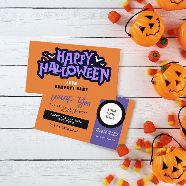 Orange Trunk or Treat Halloween Coupon Business Card (Halloween Discount Coupon Business Cards Pack of 100 in Orange, Purple and Black)