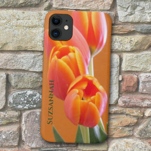 Orange Tulip Flowers Custom Add Your Name iPhone 11 Case