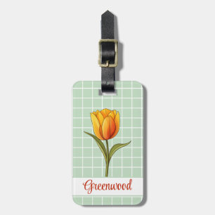 Orange Tulip, Green White Grid, Custom Luggage Tag
