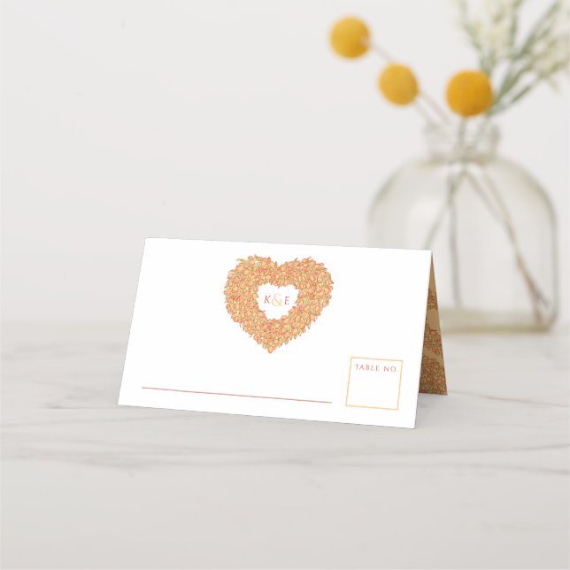 Orange tulip heart drawing monogram wedding place card (Front)