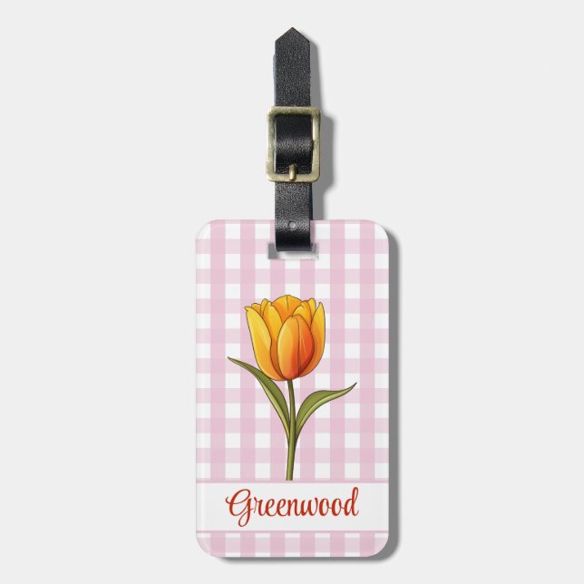 Orange Tulip, Pink Gingham, Custom Luggage Tag (Front Vertical)