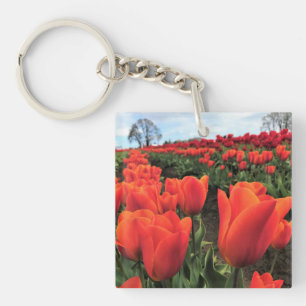 Orange Tulips in a Field, Oregon Key Ring