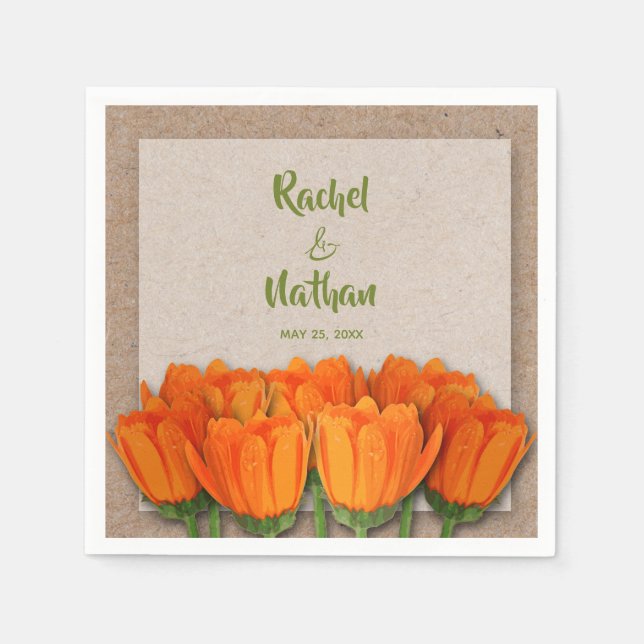 Orange Tulips on Kraft Background Party Napkins (Front)
