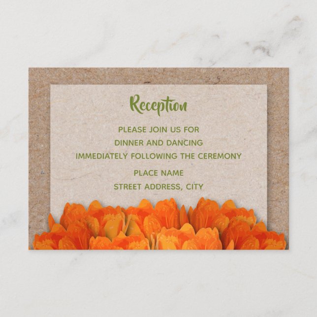 Orange Tulips on Kraft Wedding Reception Cards (Front)