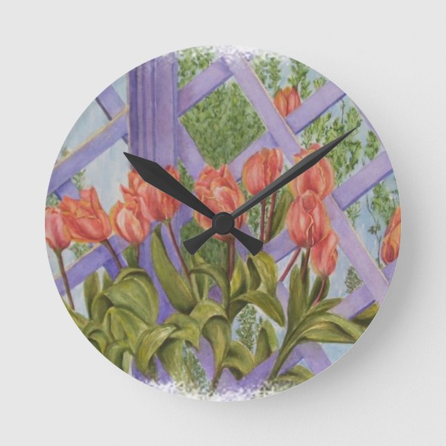 ORANGE TULIPS ON PURPLE LATTICE CLOCK (Front)
