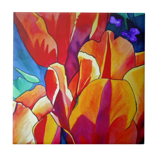 Orange Tulips watercolor art flower painting Tile (Front)