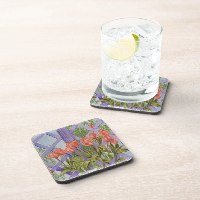 ORANGE TULIPS WITH PURPLE LATTICE COASTERS (Right Side)