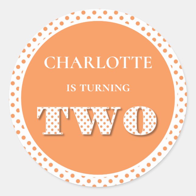 Orange Turning Two Polka Dot Classic Round Sticker (Front)