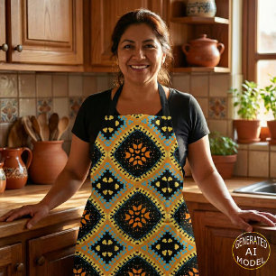 Orange Turquoise Black Ethnic Boho Pattern Apron