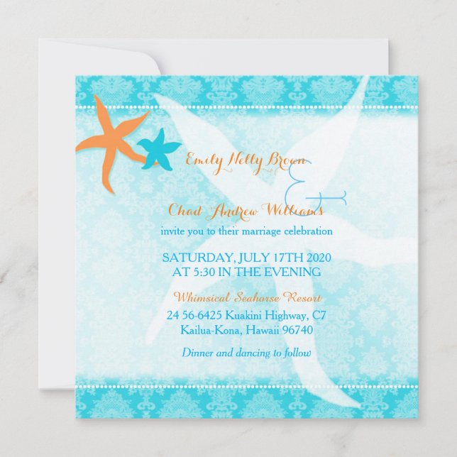 Orange Turquoise Blue Starfish Pair Beach Wedding Invitation (Front)