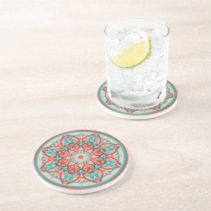 Orange & Turquoise Boho Mandala Coaster