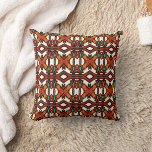 Orange, Turquoise, Brown Tribal Symmetry Cushion