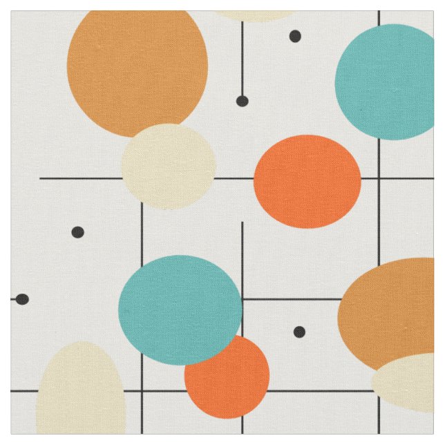 Orange Turquoise Circles Lines Mid Century Modern Fabric (Close Up)