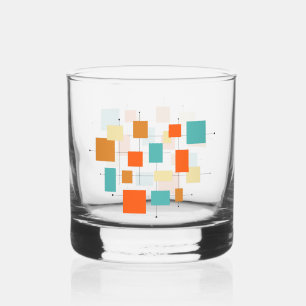 Orange Turquoise Cream Squares Mid Century  Whiskey Glass