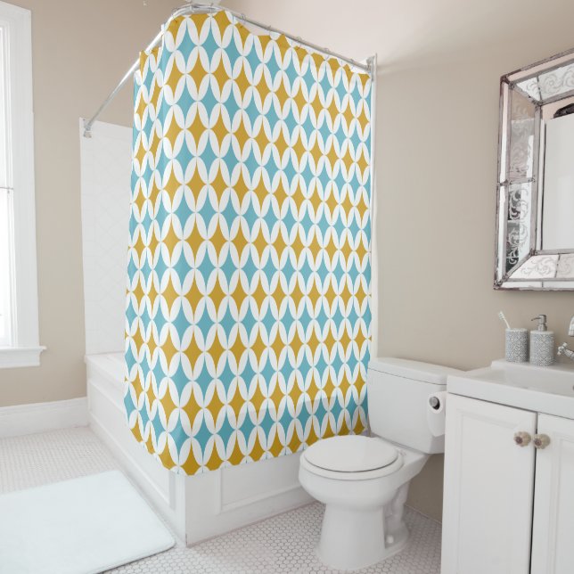 Orange Turquoise Diamonds Circles Mid Century Shower Curtain (In Situ)