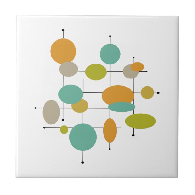 Orange Turquoise Green Circles Mid Century Retro Tile (Front)