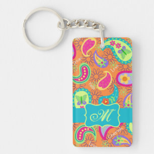 Orange Turquoise Modern Paisley Pattern Monogram Key Ring