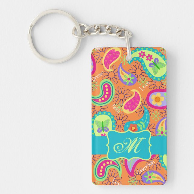 Orange Turquoise Modern Paisley Pattern Monogram Key Ring (Front)