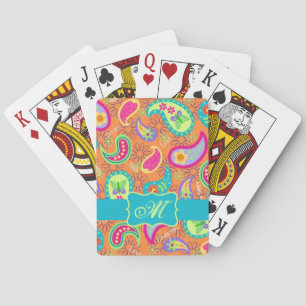 Orange Turquoise Modern Paisley Pattern Monogram Playing Cards