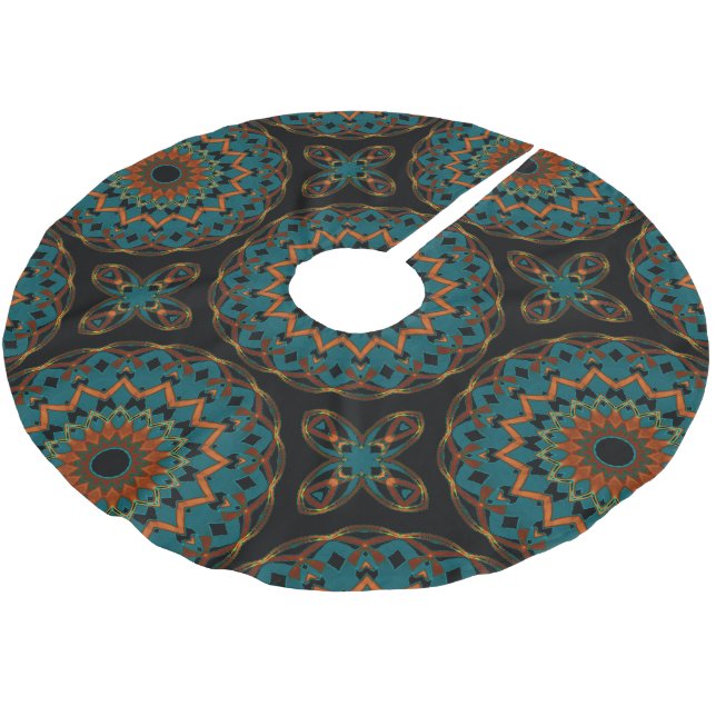 Orange-Turquoise on Black Kaleidoheart Brushed Polyester Tree Skirt (Angled)