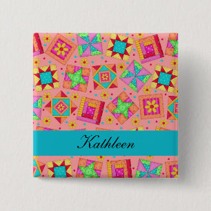 Orange Turquoise Patchwork Quilt Blocks Name Badge