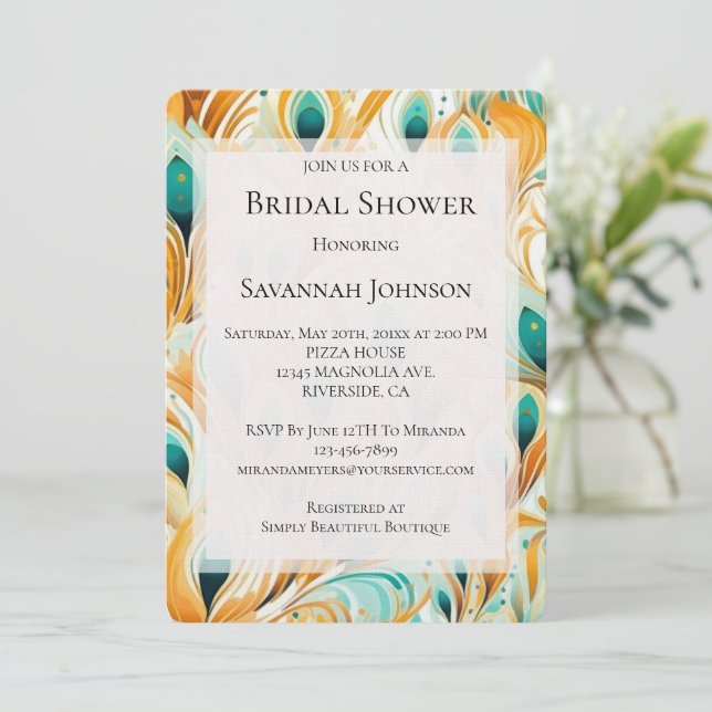 Orange Turquoise Peacock Feathers Bridal Shower Invitation (Standing Front)