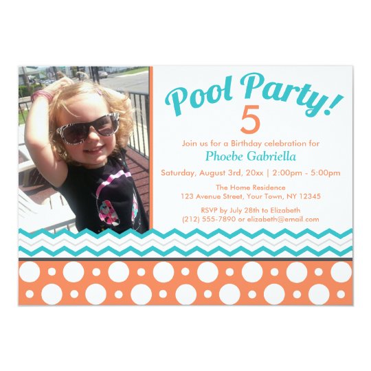 Orange & Turquoise Pool Party Birthday Invitations